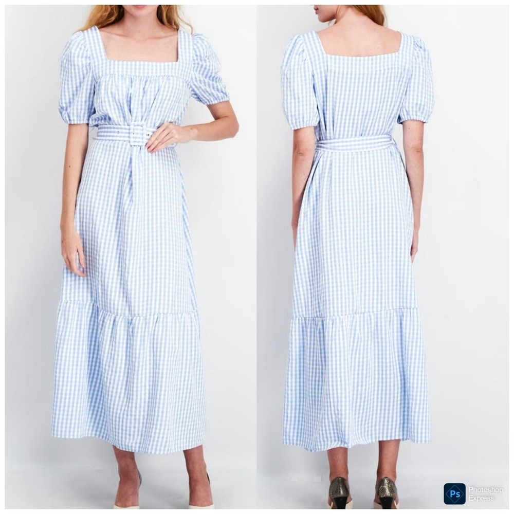 Vila Blue Gingham Maxi Belted Dress Square Neck Puff Sleeve Size US 8